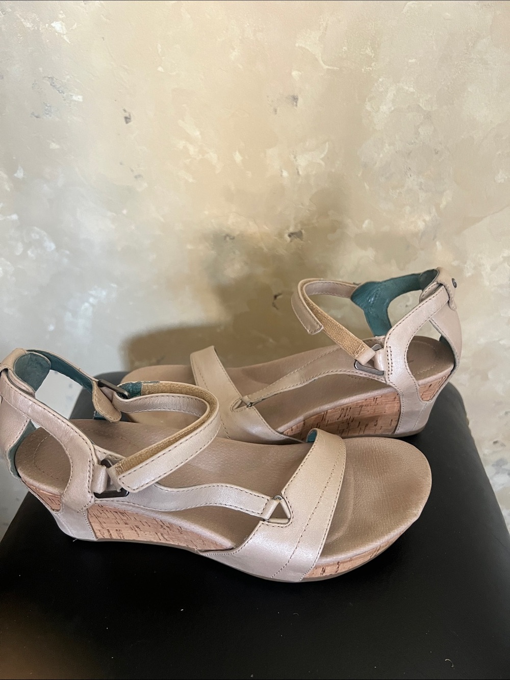 Teva Beige Cork Wedge Sandals with Teal Heel Accent